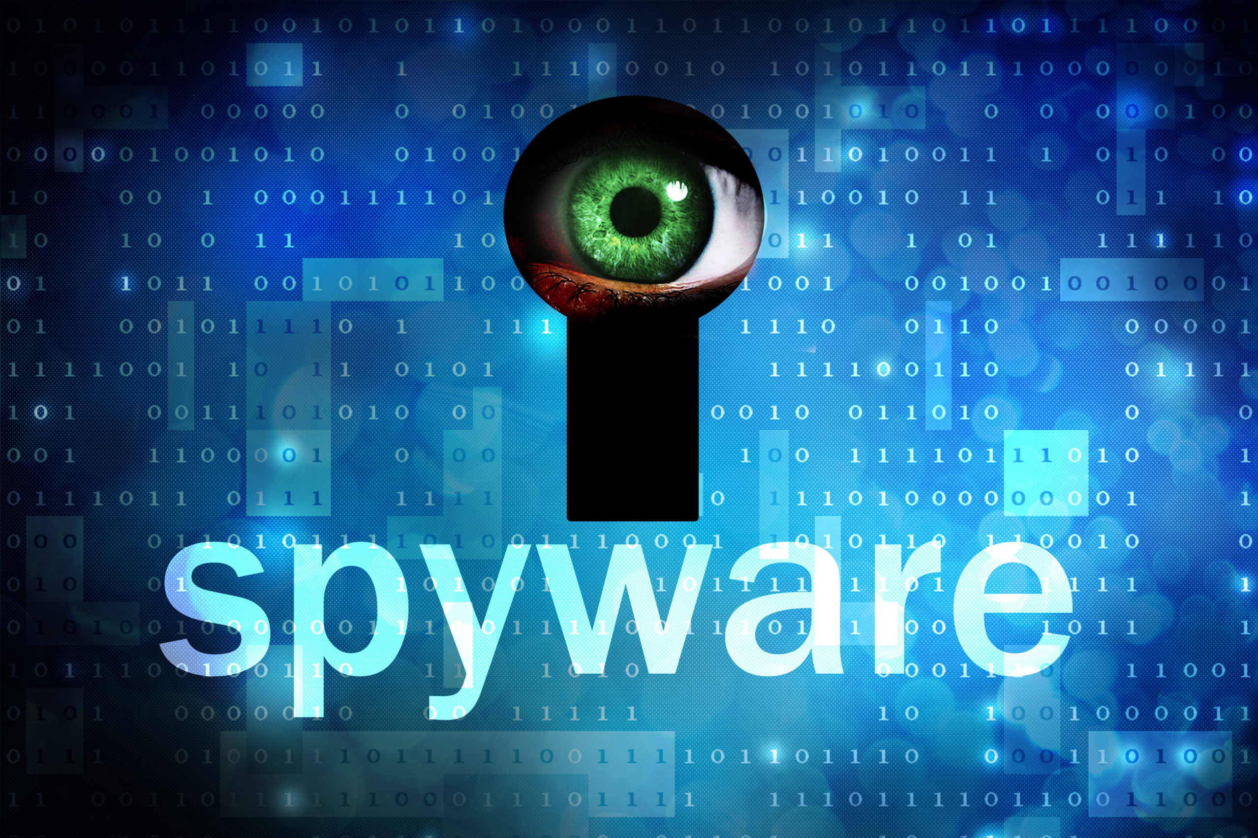 间谍软件在蓝色背景与眼睛窥视出钥匙孔